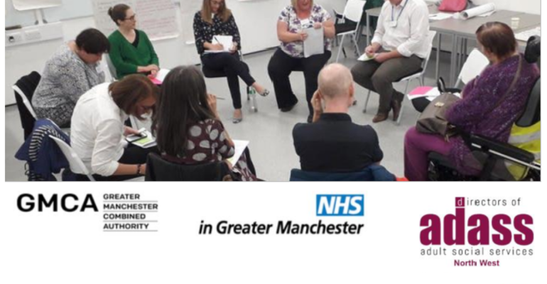 A circle of people participate in Jam and Justice's Care at Home Inquiry, plus a composite of sponsors logos - Greater Manchester Health and Social Care Partnership, NW ADASS, Shared Future CIC and Jam & Justice